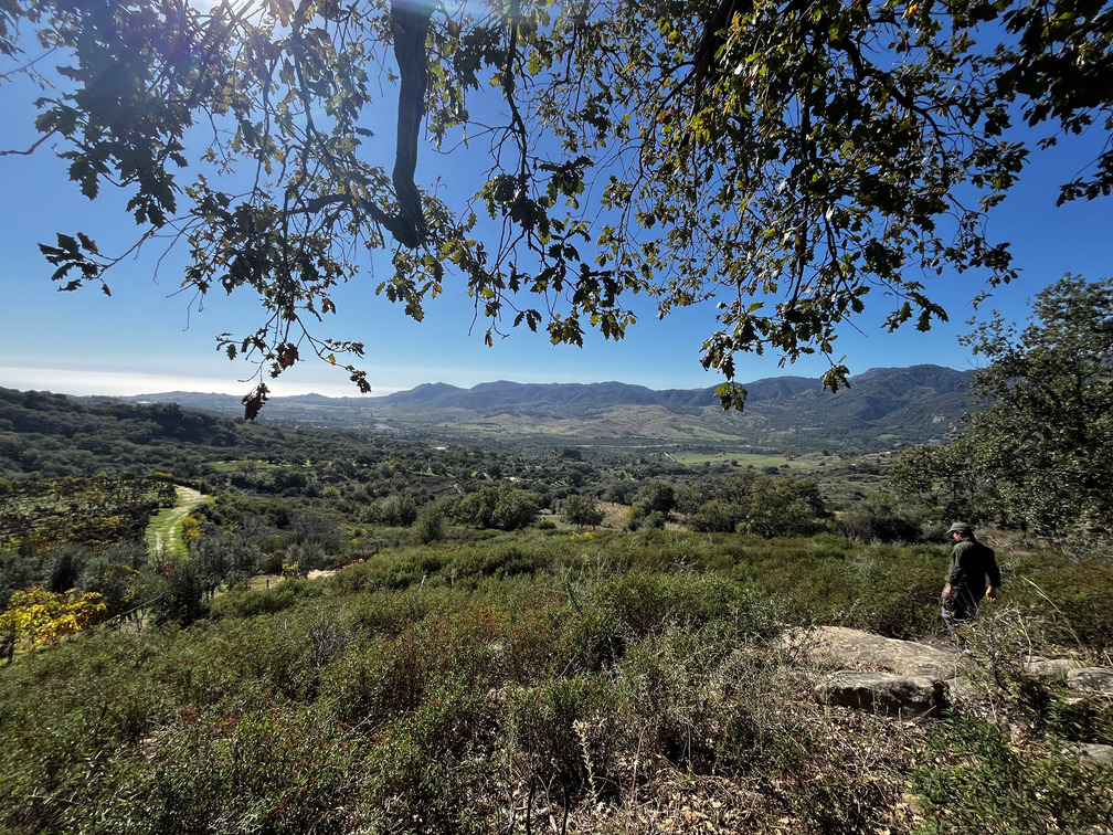 Panorama della Vallata La Verde con colline, vegetazione e vista verso il mare.
